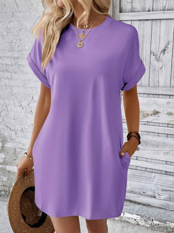 Aspen - Loose Fit Pocket Dress with Round Neck and Short Sleeves