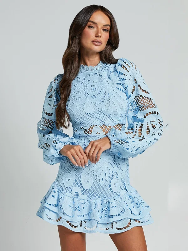 Stella - Women’s Long Sleeve Ruffled Lace Mini Dress