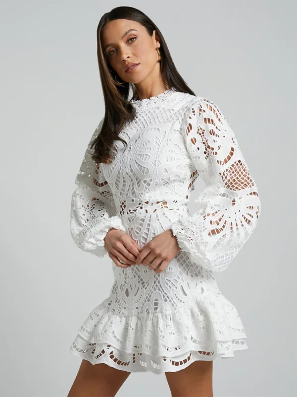 Stella - Women’s Long Sleeve Ruffled Lace Mini Dress